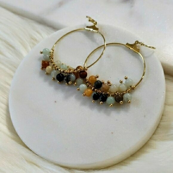 New Natural Stone Gold Earrings Hoops - Picture 2 of 4